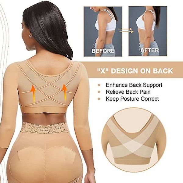 Mimigo Womens Shapewear 3/4-ärm Arm Shaper Frontstängning Kompressionsbehå Post Surgery Posture Corrector Linne BEIGE S