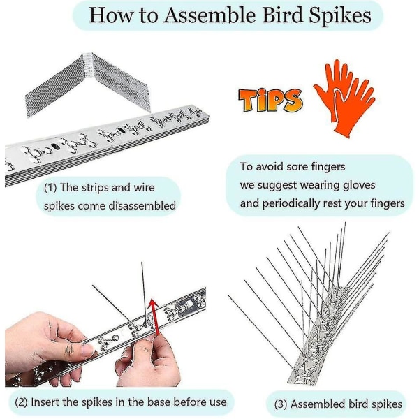 5 Strips Bird Spikes för duvor Små fåglar, rostfria fågel spikar -inga fler fågelbon & bajs-demonterade broddar null none