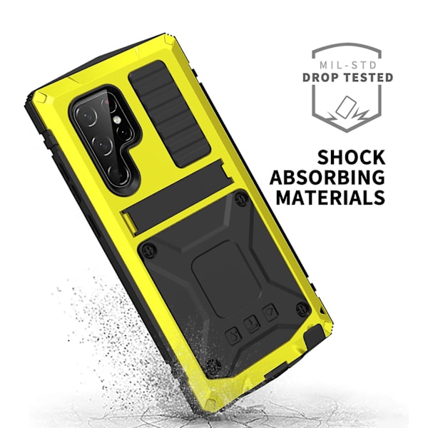 R-just för Samsung Galaxy S23 Ultra PC+silikon+metall Vattentätt, droppsäkert case Dold Kickstand Bakre cover med skärmskydd i härdat glas Yellow