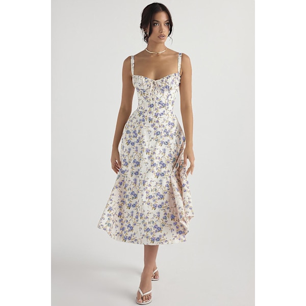 Blommönstrat print ärmlöst rynkad byst delat lår Boho midiklänning Carmen print bustier solklänning Blue Flower Asia 2XL   EU XL