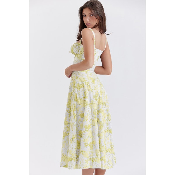 Blommönstrat print ärmlöst rynkad byst delat lår Boho midiklänning Carmen print bustier solklänning Yellow Flower Asia S   EU XS