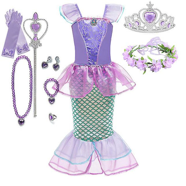 Disney Lilla Sjöjungfrun Ariel Prinsessklänning Barnklänning För Flickor Cosplay Barn Karneval Födelsedagsfestkläder Sjöjungfrudräkt V 3-4T(size 110) 11pcs Mermaid Sets7