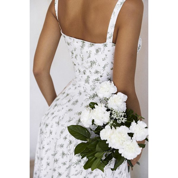 Blommönstrat print ärmlöst rynkad byst delat lår Boho midiklänning Carmen print bustier solklänning White Green Leaves Asia 2XL   EU XL