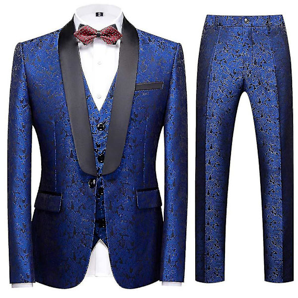 Schan Herr 3-delade kostymer Sjal Lapel Enknapps Smoking Blazer Västbyxor Set För Bröllop Blue S