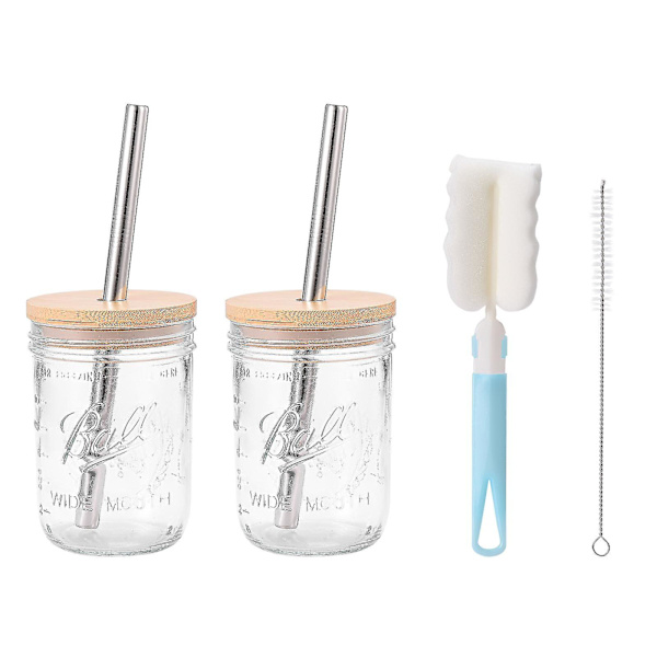 Masonburkar i glas Smoothiekoppar med bred mun Återanvändbara Boba-tekoppar med bambulock och silverhalm 500ML 2Pcs