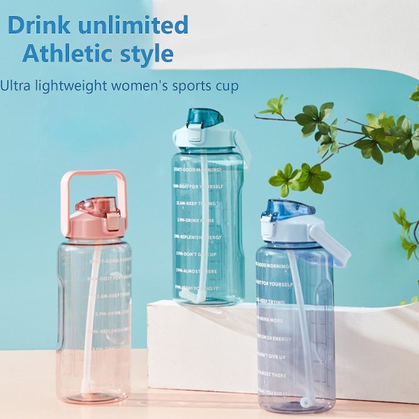 2 liters vattenflaska med sugrör Kvinnliga flickor stora bärbara reseflaskor Sport Blue