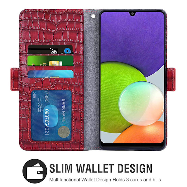 För Samsung Galaxy A22 Crocodile PU Läder Telefon Case Dubbelt magnetiskt cover Red