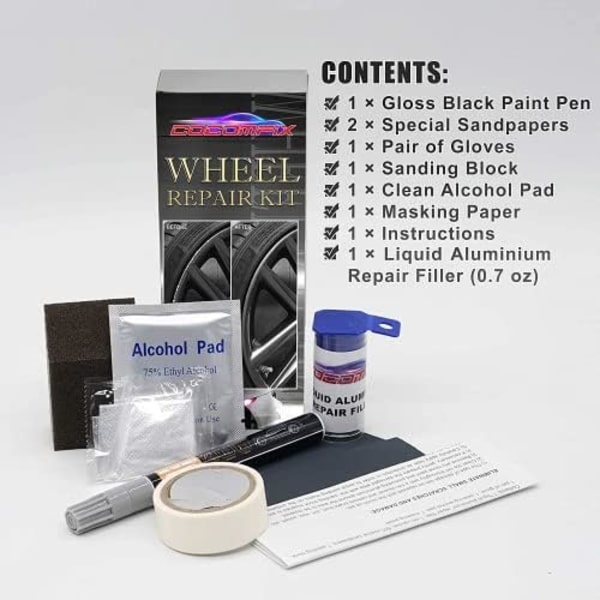 cocomfix Fälgreparationssats, Black Rim Touch Up Paint Kit, Reparationssats för fälgar. SNABB &amp; LÄTT för kantstensutslag, repor och större No.01Gloss Black