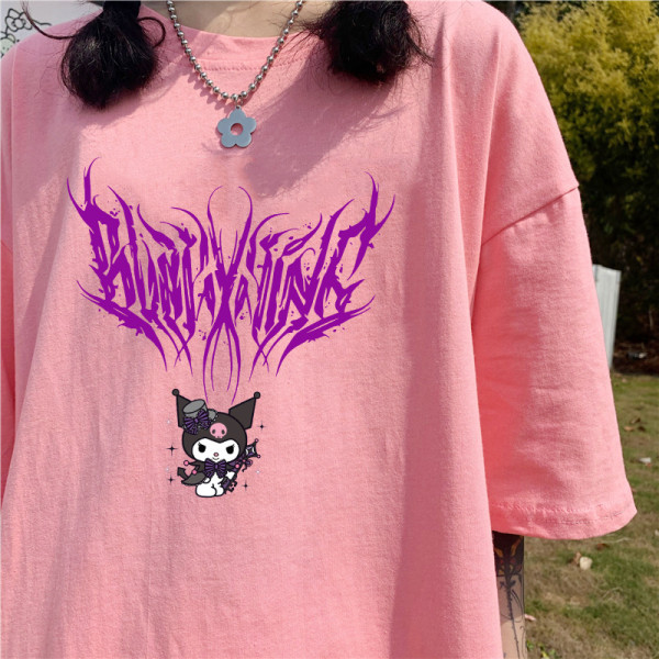 Kuromi T-shirt Hip Hop Graffiti T-shirt Loose Fit Pink Pink 2XL