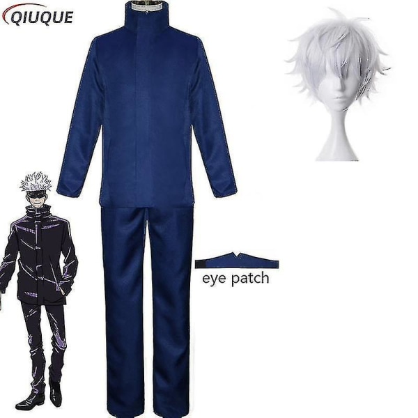 2023-anime Jujutsu Kaisen Gojo Satoru Cosplay Kostym Toppar Byxor Ögonlapp Halloween Party Män Uniform Peruker-1-1 Blue Package 3 L