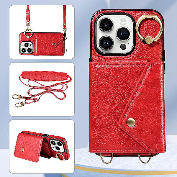 Case kompatibelt med Iphone 15 Pro Max, Pu-läder stötsäkert cover med korsband, ringhållare och korthållare Red For iPhone 15 Pro Max