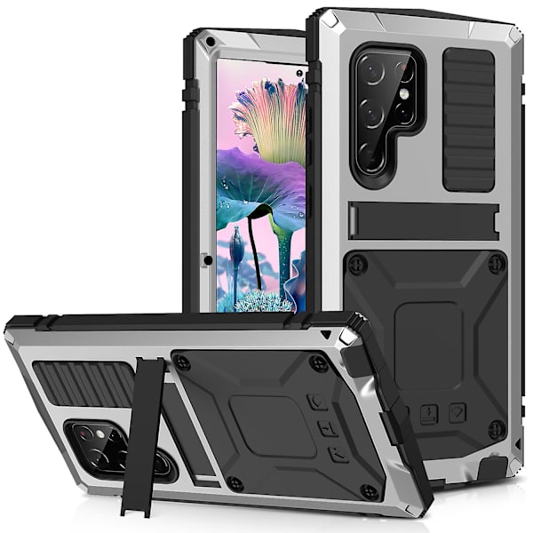 R-just för Samsung Galaxy S23 Ultra PC+silikon+metall Vattentätt, droppsäkert case Dold Kickstand Bakre cover med skärmskydd i härdat glas Silver