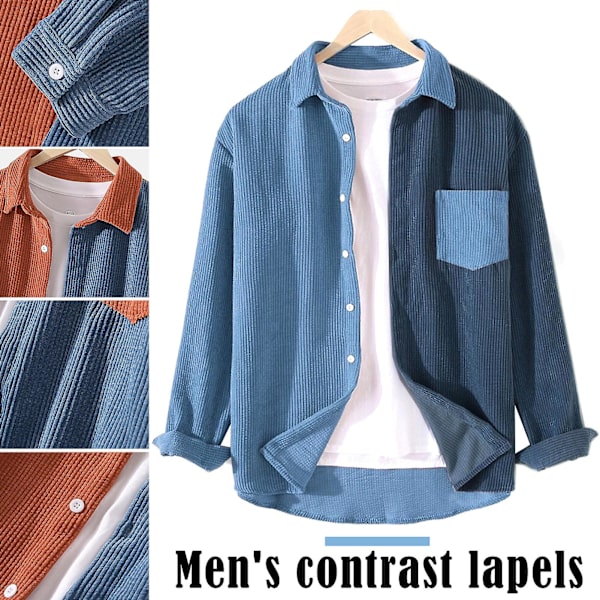 Herr Patchworks Manchesterskjorta jacka Kontrastfärgad lapel långärmade skjortor med ficka Blue