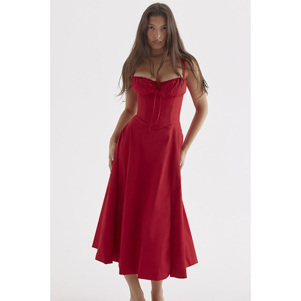 Blommönstrat print ärmlöst rynkad byst delat lår Boho midiklänning Carmen print bustier solklänning Red Slip Dress Asia XL   EU L