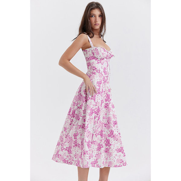Blommönstrat print ärmlöst rynkad byst delat lår Boho midiklänning Carmen print bustier solklänning Rose Red Flower Asia S   EU XS