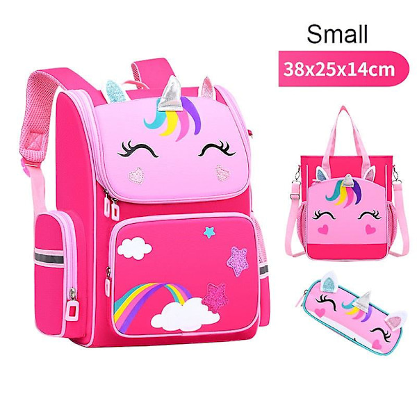 1-5 årskurs grundskoleelever ryggsäck för flickor 3d tecknad enhörning skolväska barn söt regnbåge mochila escolar 3pcs small rose none