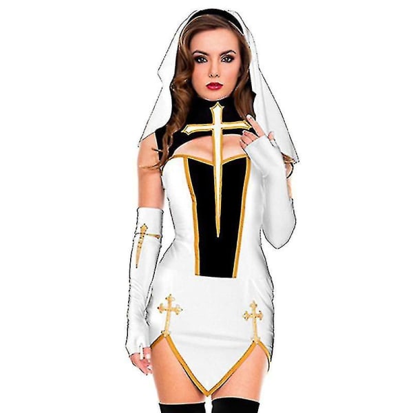 Sexig nunna seniordräkt karneval Halloween kyrka religiösa kloster Cosplay fin festklänning white XL