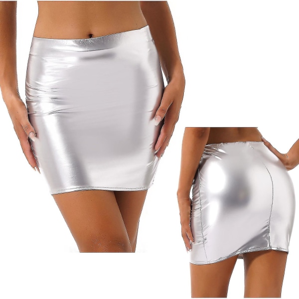 Dam Latex Minikjol Enfärgad Elastisk midjeband Blank pennkjol Nattklubb Fest Musik Festival Kostym Silver A XL
