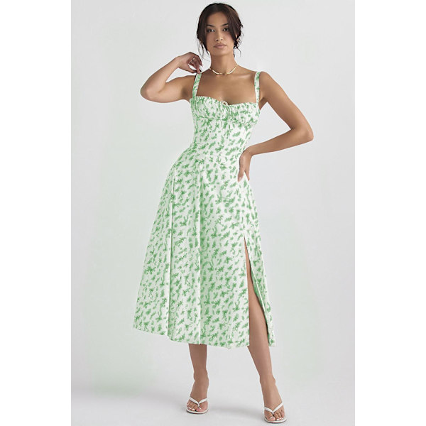 Blommönstrat print ärmlöst rynkad byst delat lår Boho midiklänning Carmen print bustier solklänning Green Leafs Asia M   EU S