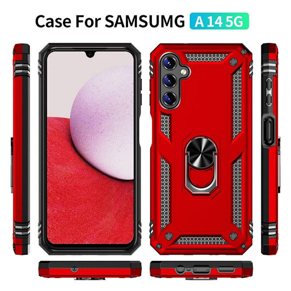 Xhy Samsung Galaxy A14 5G- case med skärm- och linsskydd och magnetiskt ringfäste Kickstand Military Grade helkropp dubbellager Durabl red