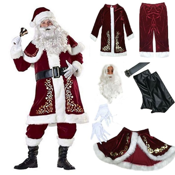 Röd jultomtekostym Deluxe Fancy 8-delad julfest Cosplay-kostym för män för barn