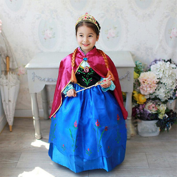 Frozen Anna Cosplay Outfit Prinsessa Klänning Barn Flickor Fest Fancy Dress Up Kostym Med Cape 6-7 Years