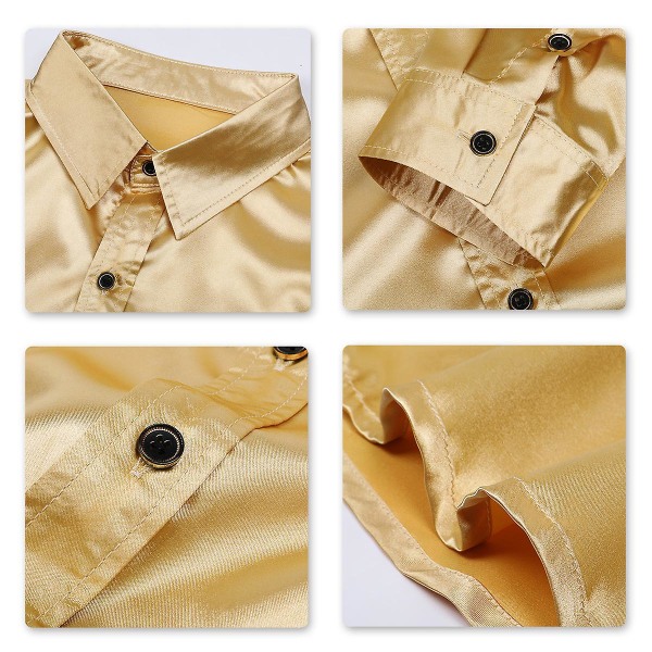 Sliktaa Casual Mode för män glänsande långärmad Slim-Fit formell skjorta Gold 2XL