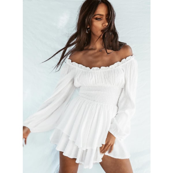 Kvinnor Off Shoulder Långärmad Romper Shorts Ruffle Jumpsuit Playsuit White XL