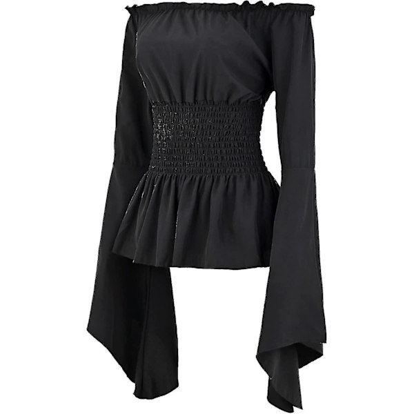 Renässansblus för damer Korsett Midjebälte Medeltida viktoriansk off-shulder långärmad skjorta Pirate Cosplay Kostymer Black Large