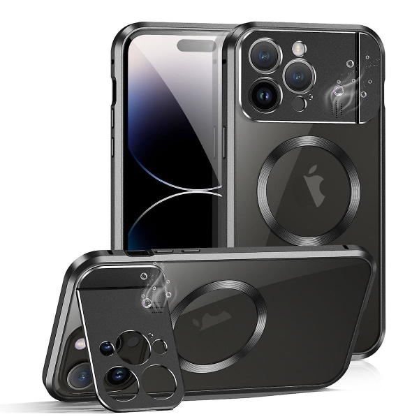 Metall Magsafe case kompatibelt med Iphone 15 Pro Max, linsskydd i legering Case med osynligt Kindstand Black For iPhone 15 Pro Max