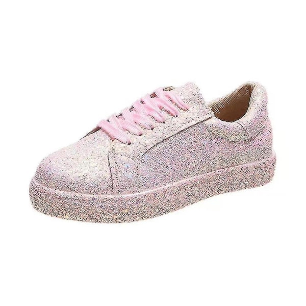 Kvinnor med snörning Glitter Sneakers Glitter Casual Jogging Sneakers Platta skor Pink 36