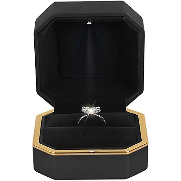 Ring Box Case Med Led Ljus Fyrkantig Svart Smycken Display Presentask För Förslag Förlovning Bröllop null none