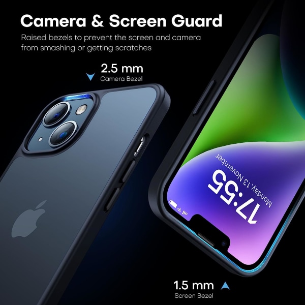 LϟK 3-i-1 för iPhone 13- case/iPhone 14- case, genomskinlig matt baksida med [2X skärmskydd], [falltestad i militärklass] Stötsäker A