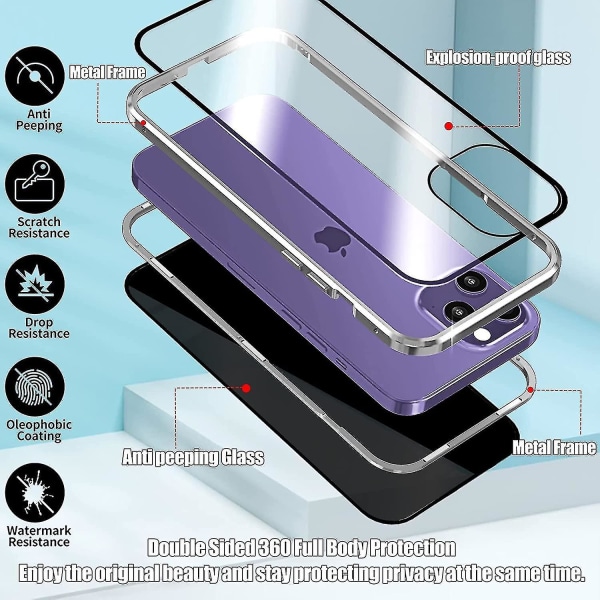 Privacy Magnetic Case Kompatibel Iphone 14 Pro Max/14 Pro Anti Peeping Dubbelsidigt härdat case Blue for 14 Pro