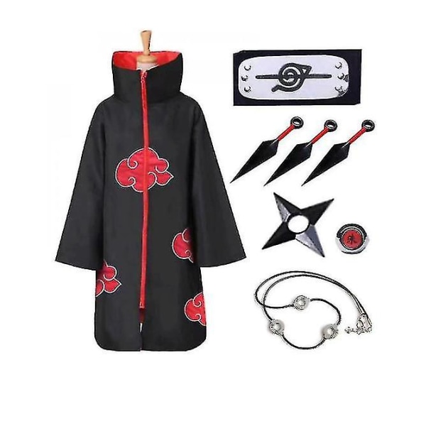 Akatsuki Cloak Anime Cosplay Kostym Kit Itachi Robe Halloween Cosplay Long Cape 8 delar Set S