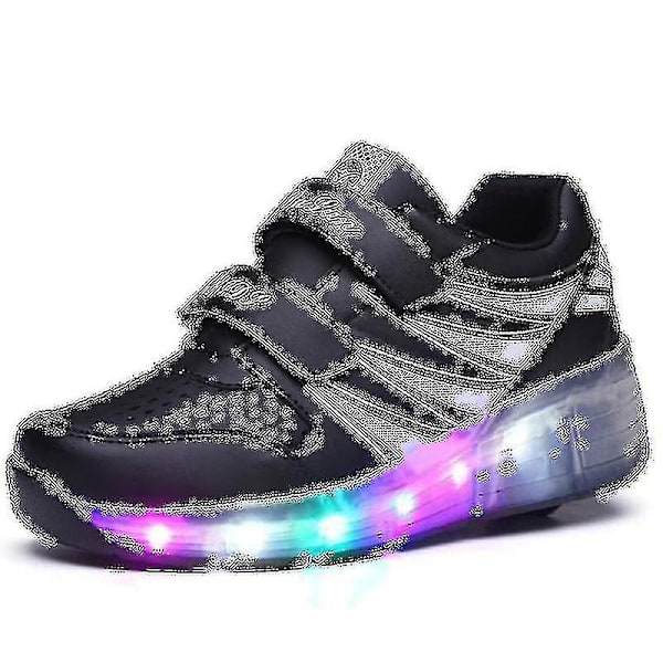 2022 Nya Led Light Up Roller Shoes Double Wheel USB Uppladdningsbara skridskoskor Black 31