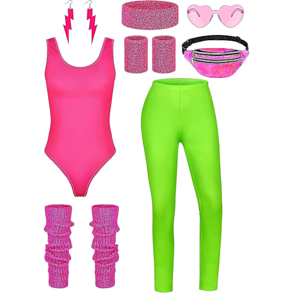 8 delar Kvinnor 80-tals träningskostym Halloween 90-tals outfit Accessoarer Set Leotard Rumväska Glasögon Pannband Benvärmare Fluorescent Green Large