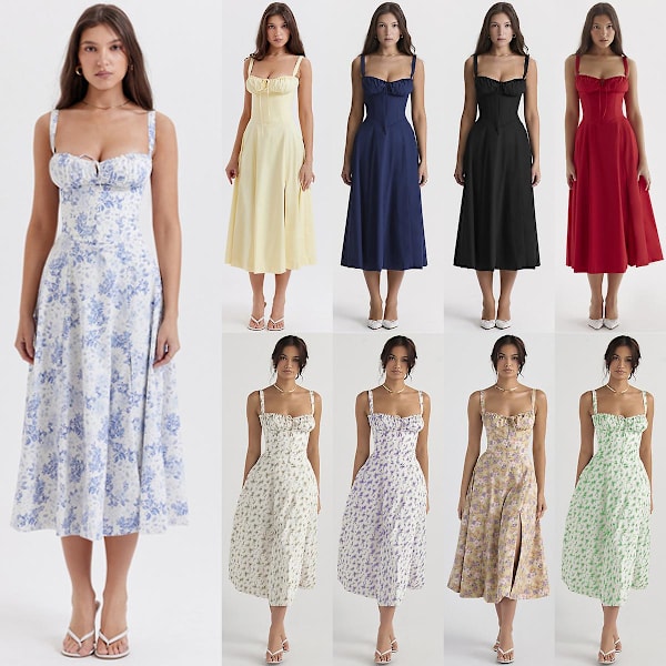 Blommönstrat print ärmlöst rynkad byst delat lår Boho midiklänning Carmen print bustier solklänning Green Leafs Asia S   EU XS