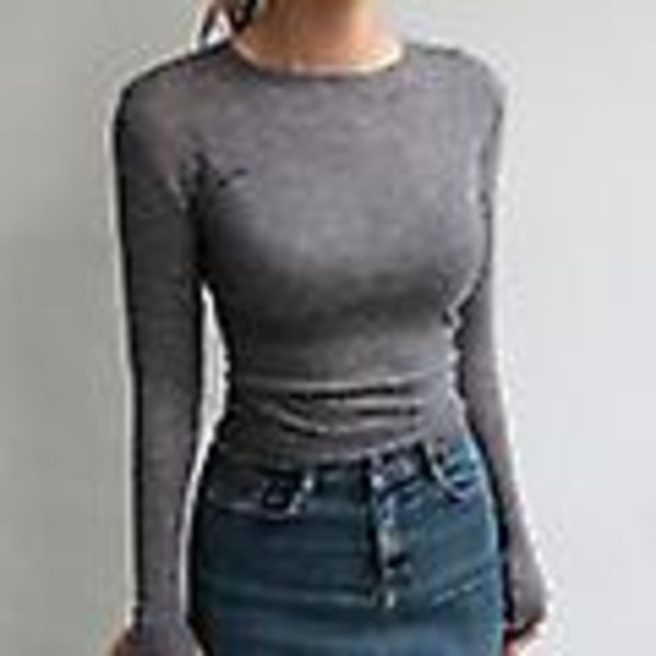 Enkel T-shirt av hög kvalitet Dam Bomull Elastisk Basic T-shirts Kvinnliga Casual Toppar Långärmad sexig tunn T-shirt Se Through Z S Gray