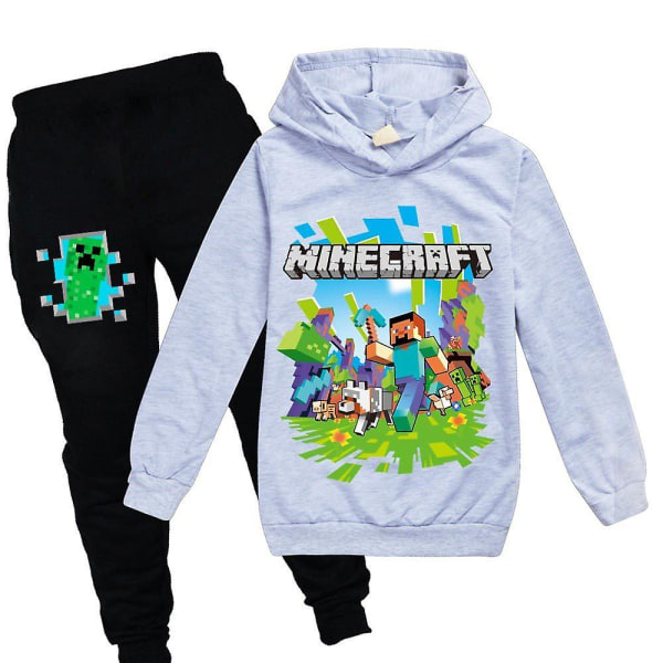 Barn Minecraft träningsoverall Set Sport Print Hoodie Byxor Casual Outfit Kostym Grey 11-12 Years