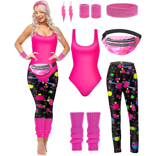 7 st 80-tals träningskostym 80- set 80-tals 90-tals Leotard Legging Pannband Armband Benvärmare Örhängen Fanny Pack Splash Print XX-Large