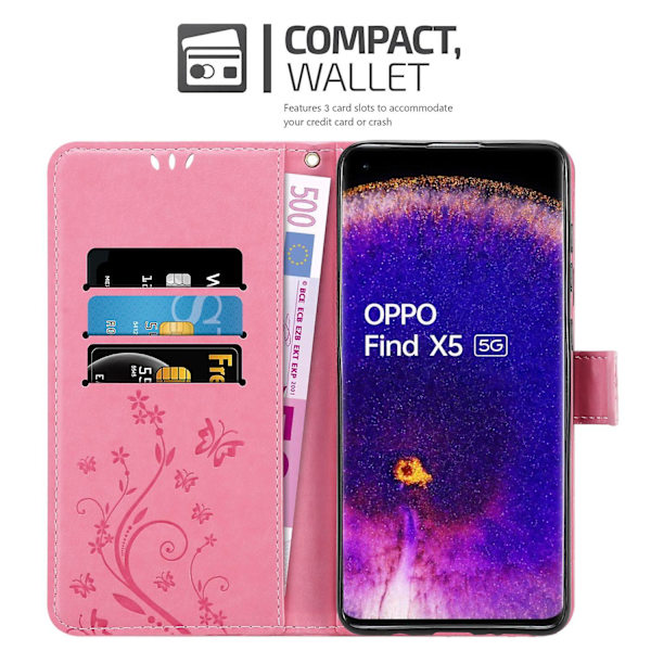 Oppo FIND X5 Cover Case - med blommönster och stativfunktion och kortfack FLORAL ROSA FIND X5