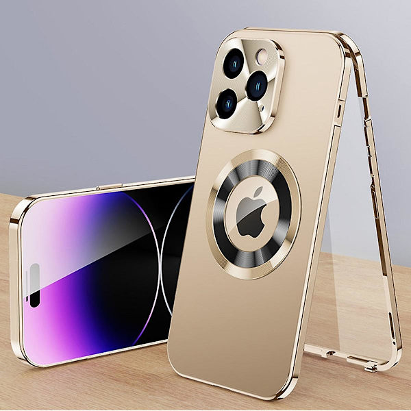 Magsafe magnetiskt genomskinligt case i metall, kompatibelt med Iphone 15 Pro Max, case med logotyp Skyddsfodral i härdat glas Gold For iPhone 15 Pro Max