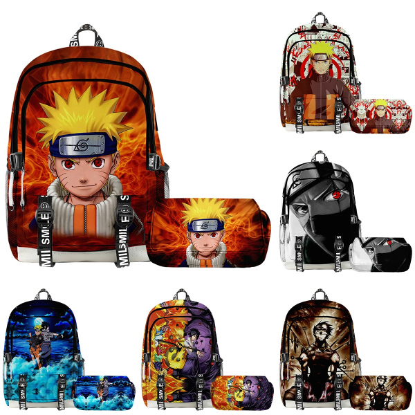 NY ryggsäck med seriefigur NARUTO Anime för barn, pojkar och flickor, dubbelvåningsryggsäckssats, pennfodral, vattentät skolväska för tonåringar O 2PCS SET