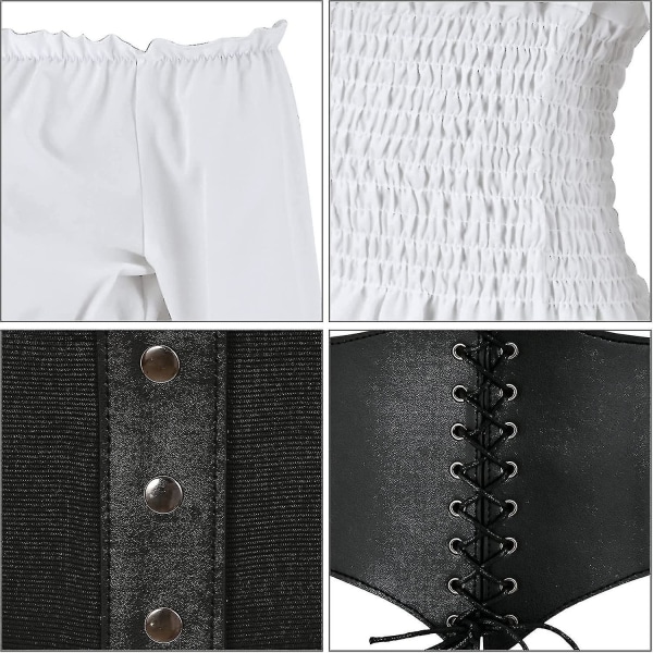 Renässansblus för damer Korsett Midjebälte Medeltida viktoriansk off-shulder långärmad skjorta Pirate Cosplay Kostymer White X-Small