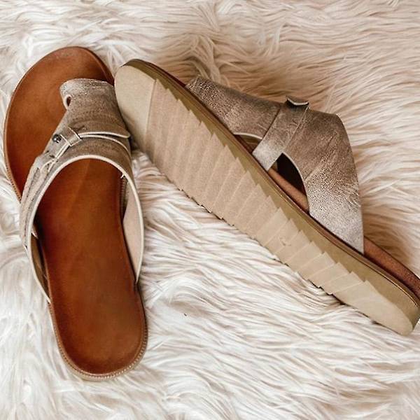 Dam Ortopediska Retro Flats Tofflor Toe Ring Sandaler Sommar Beach Holiday Skor Gray EU43