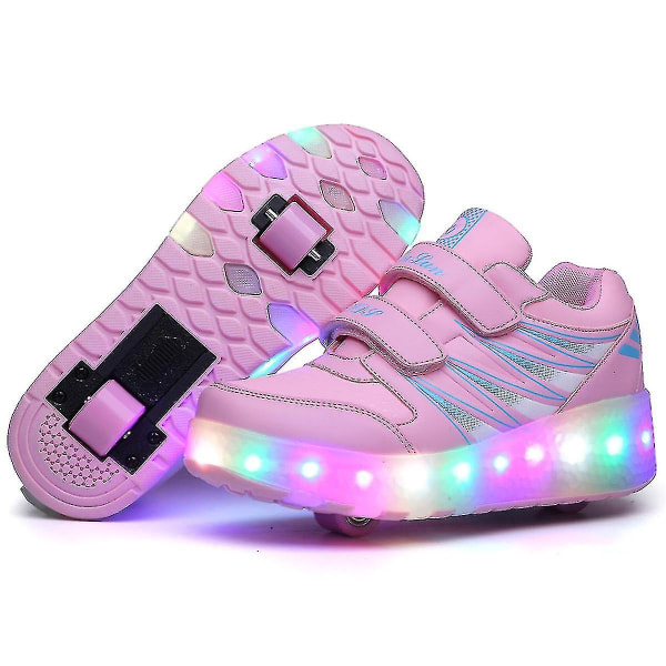 Baiming2022 Nya Led Light Up Roller Shoes Double Wheel USB Uppladdningsbara skridskoskor Pink 28