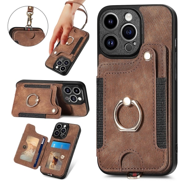 Plånbok Rfid Kreditkortshållare Ring Stativ Phone case För Iphone 15 Pro/15 Pro Max 15 Ultra Med handledsrem Brown iPhone 15 Pro