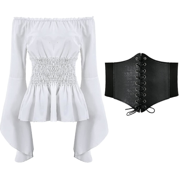 Renässansblus för damer Korsett Midjebälte Medeltida viktoriansk off-shulder långärmad skjorta Pirate Cosplay Kostymer White XX-Large