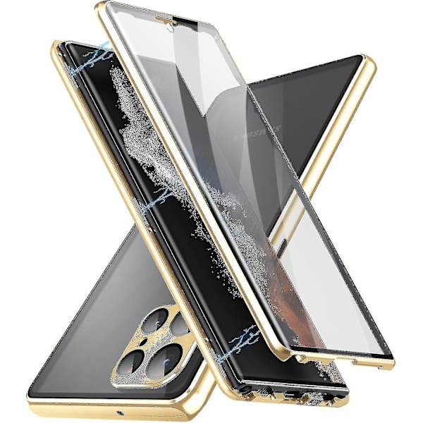 Magnetiskt fodral till Samsung S24 Ultra / S24 Plus / S24 Dubbelsidig härdat glas metall stötfångare med säkerhetslås, trådlös laddare För S24 Plus Guld